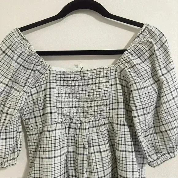 Free Assembly Size XS Ivory Plaid Organic Cotton Women's Puff Sleeve Blouse Top - Picture 8 of 15